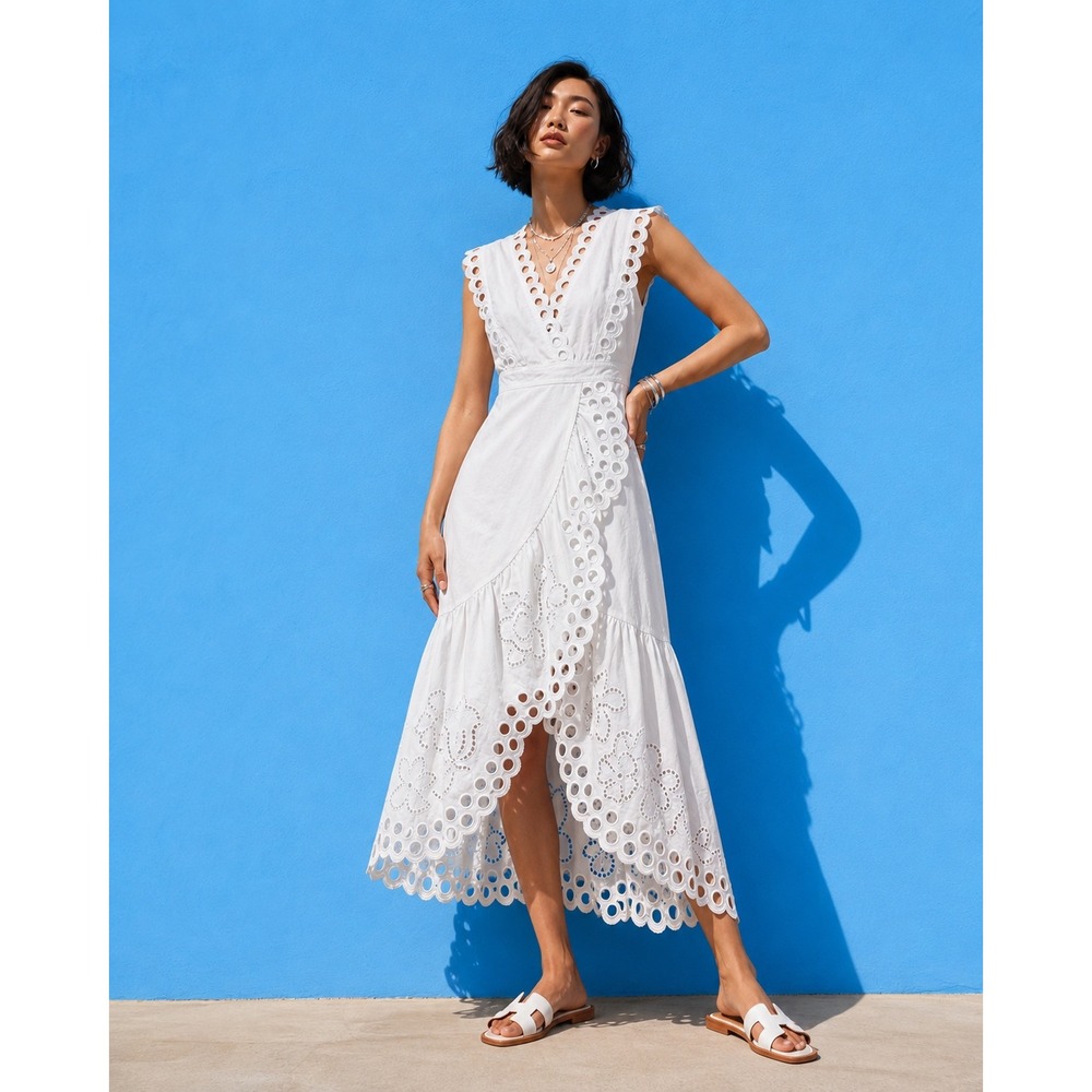 Rebecca Taylor Ariana White Eyelet Wrap Midi Dress Cotton Linen Size 6 NEW